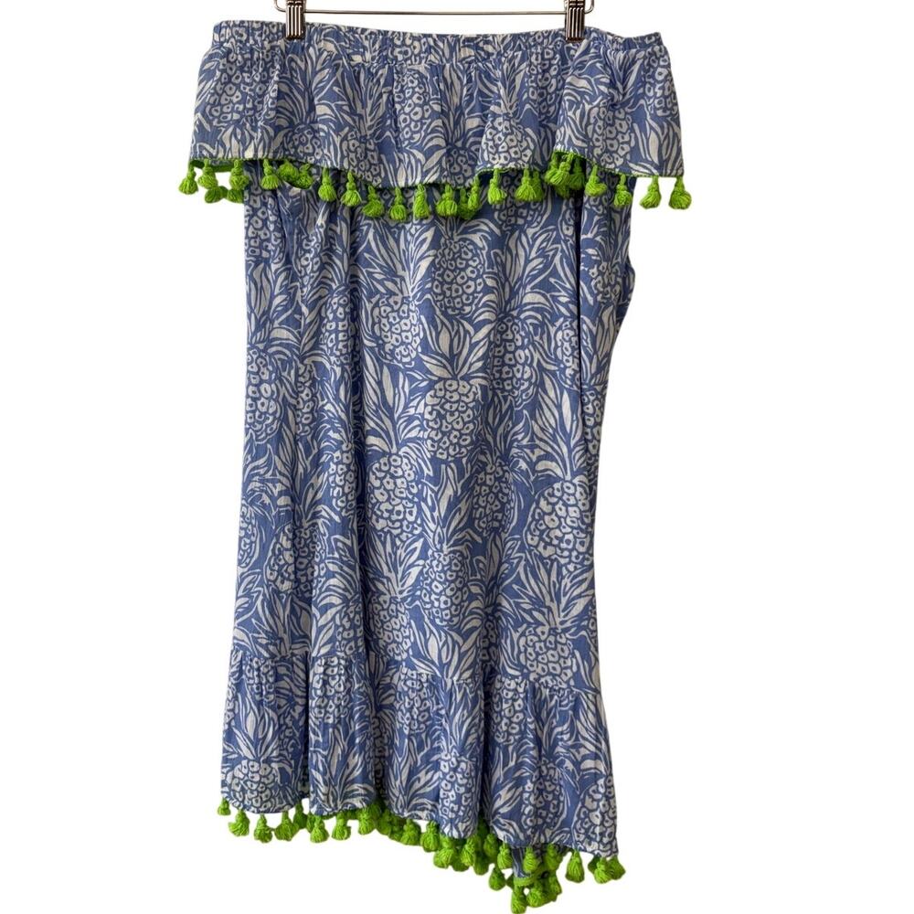 STS Sail to Sable Blue White Off the Shoulders Pom Tassel Dress Size L